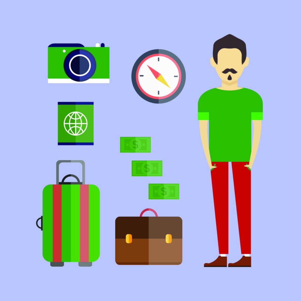 People vector travel character with tools and objects. Free illustration for design