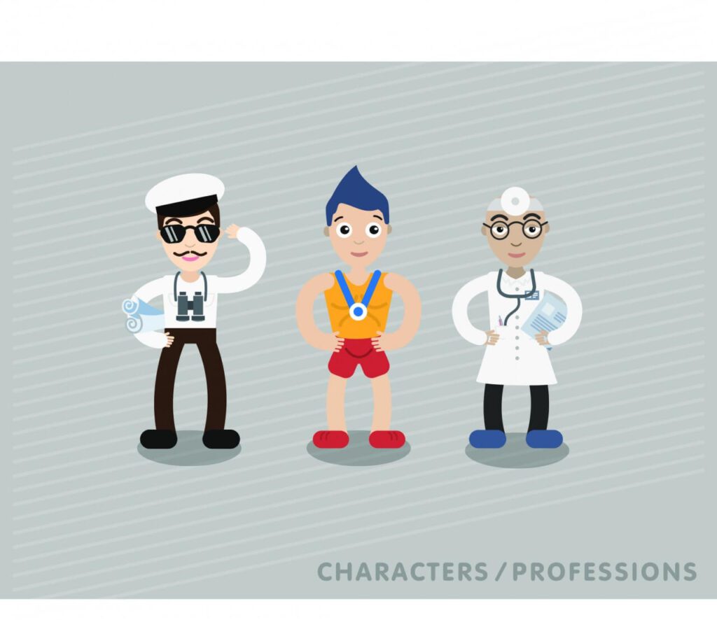 Three characters in different professions: shipman, sportsman, doctor