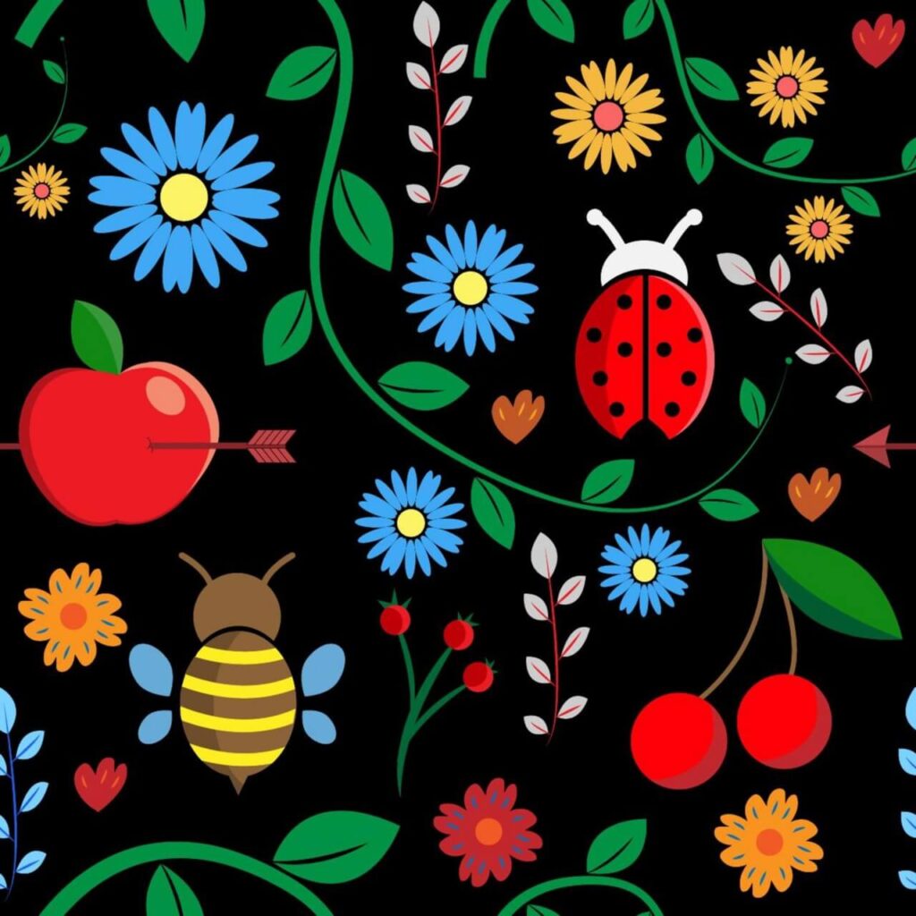 Pattern with leaves, berries, bugs, flowers, apple, branches