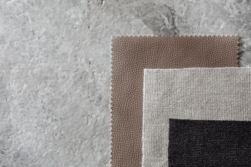 Interior design moodboard – samples of textile and natural materials Stock Free