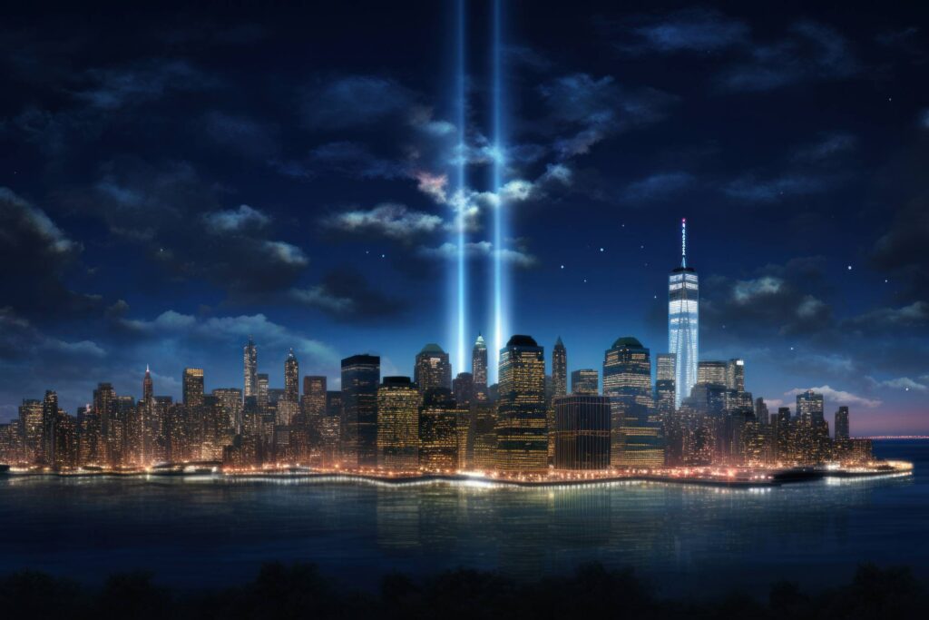 9/11 Attacks Memorial Lights Beams in Night Sky over NYC Stock Free