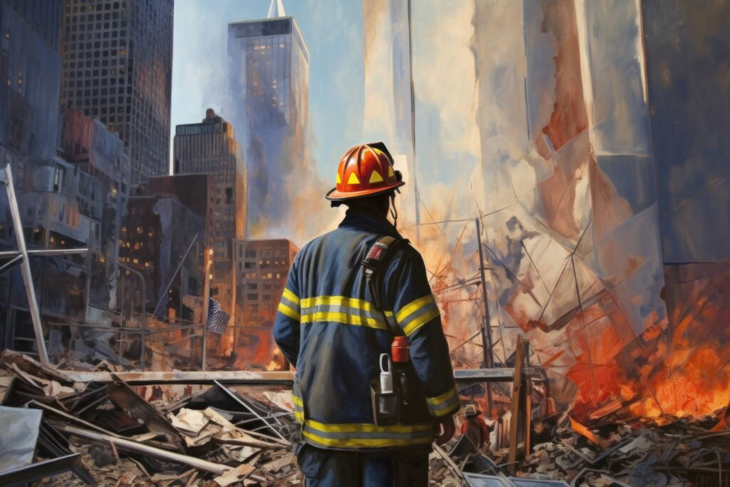 9/11 Memorial Rescue Worker Standing in World Trade Center Debris Stock Free