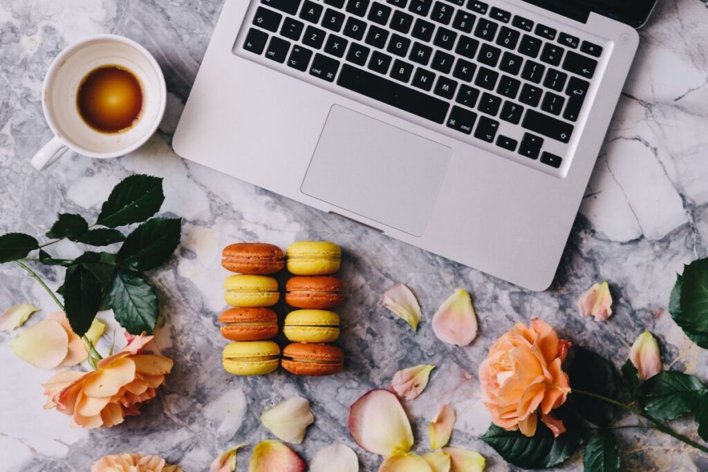 Overhead view of macarons on a marble slab Stock Free