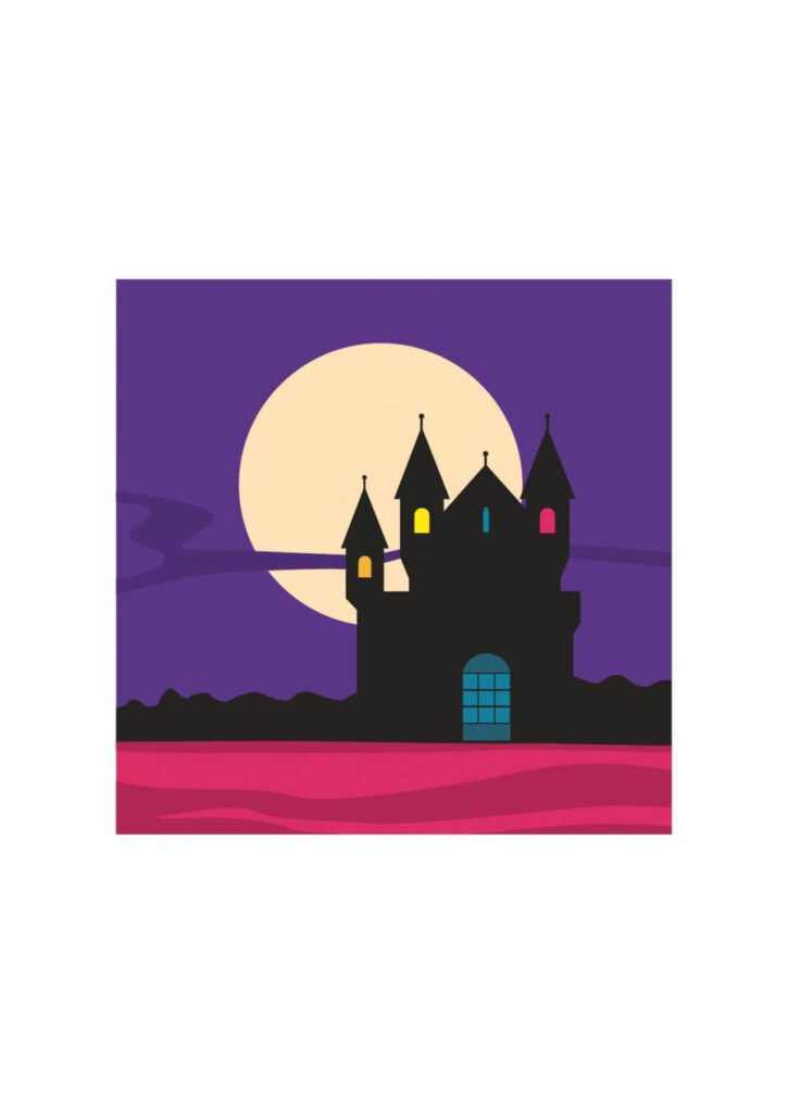 Mysterious castle silhouette with moon in the background