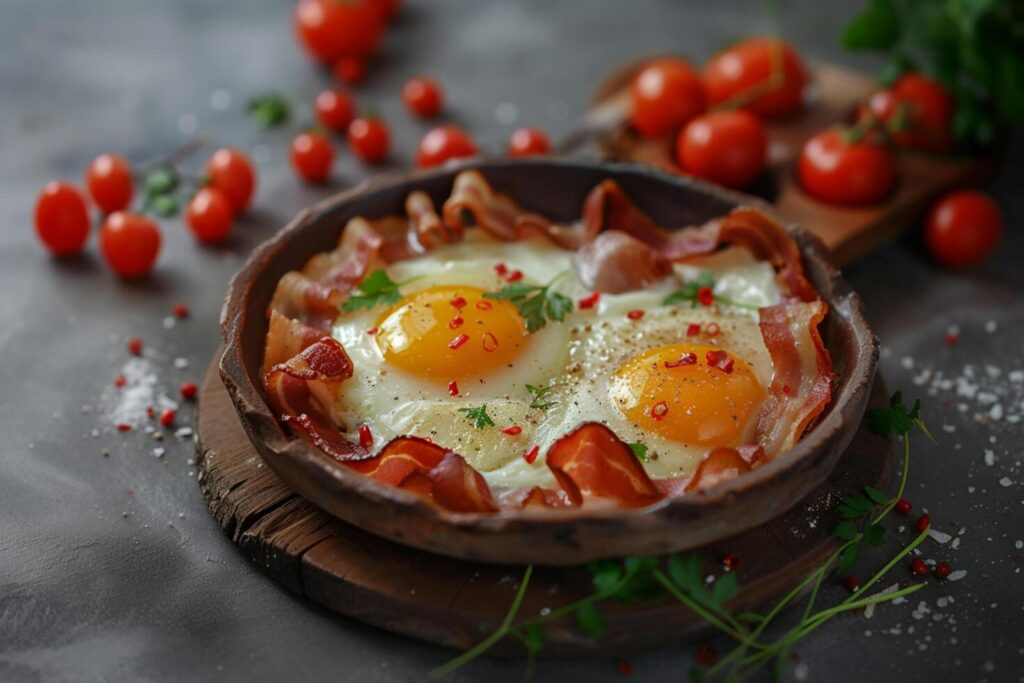 A beautiful, delicious breakfast with fried eggs, bacon and cherry tomatoes. Wooden plate and tray, texture background. Realistic photo. Close-up Stock Free