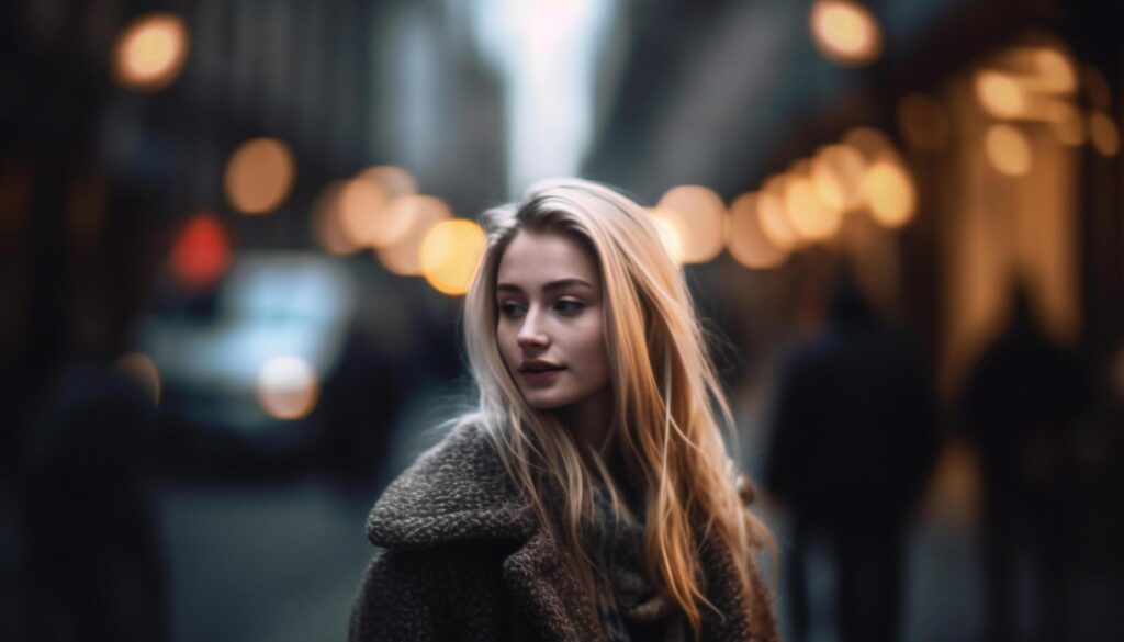 A beautiful young woman, illuminated by street lights, walking alone generated by AI Free Photo