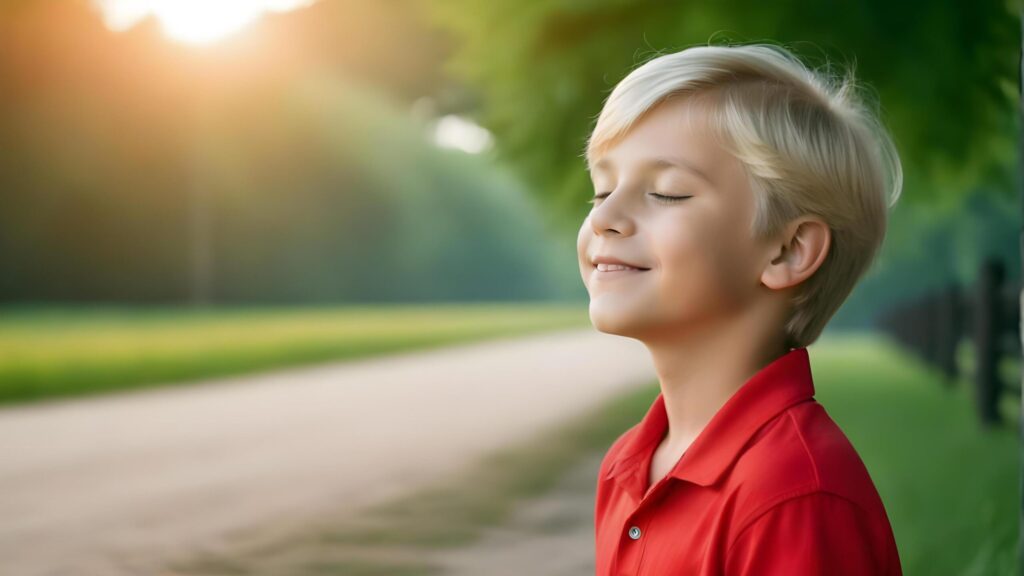 a boy in red shirt smiles in the sun generated ai Free Photo