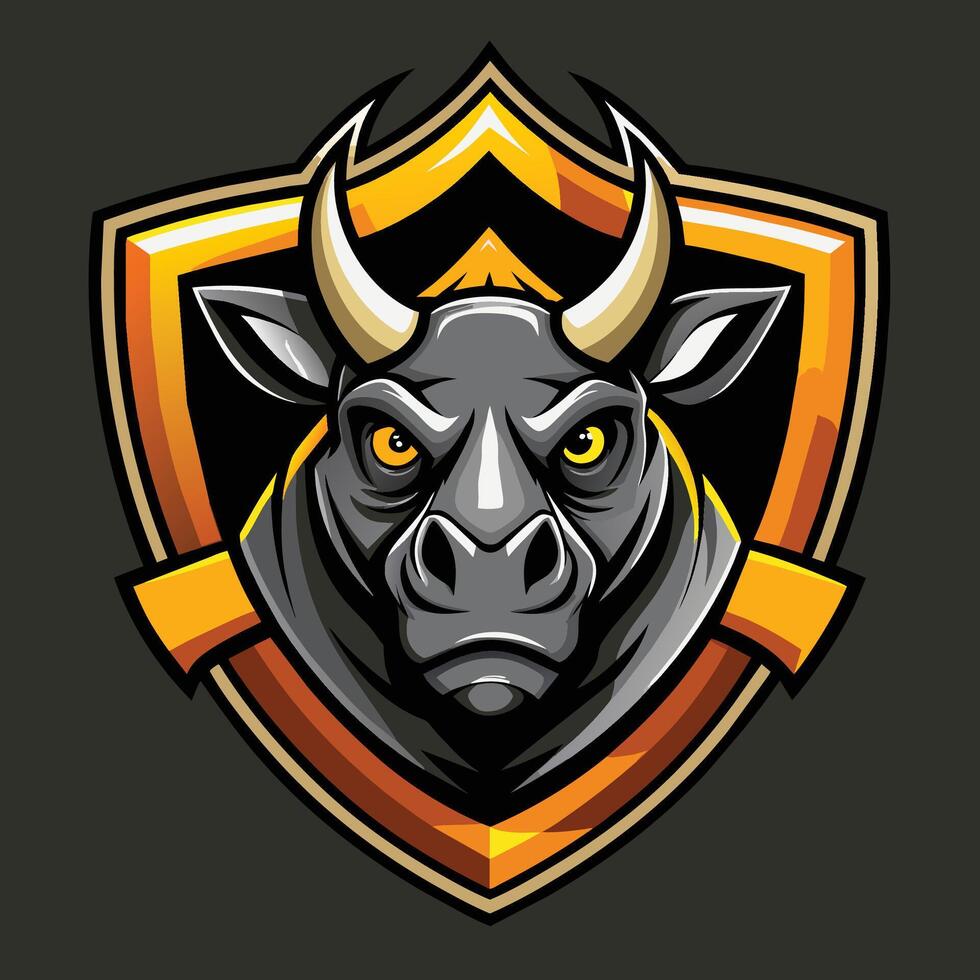 A bulls head with menacing horns, holding a shield. A powerful and bold concept for a logo or icon, Concept Rhino head and shield company logo icon Stock Free