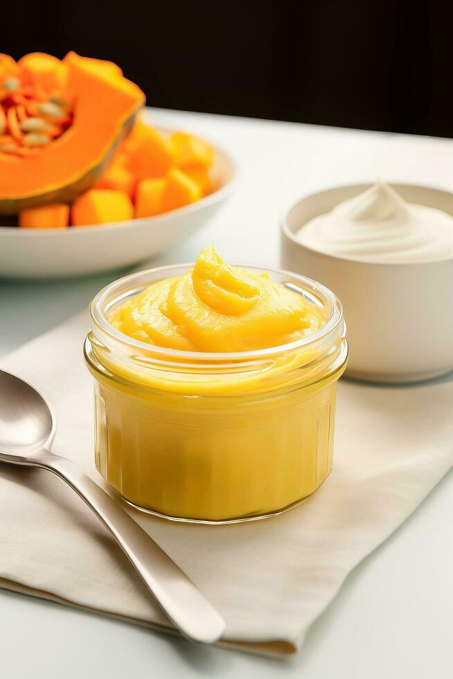 A close-up photo capturing the smooth creamy texture of pureed baby food transitioning into chunky textured meals Stock Free