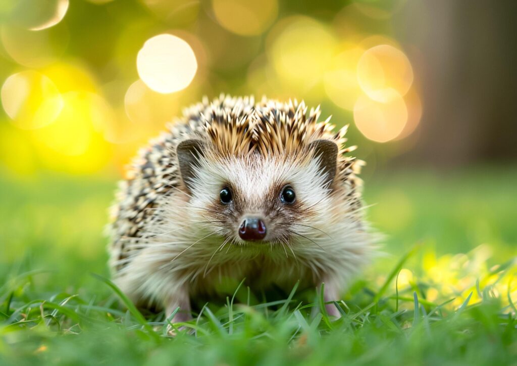 A close-up of a hedgehog on green grass, a small mammal known for its spiky coat. Hedgehogs are insectivores that help to control garden pests generated by AI. Free Photo