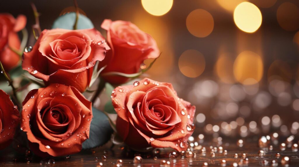 A close-up of vibrant red roses adorned with dewdrops, set against a bokeh background. The elegant, fresh flowers with lush green leaves create a romantic and luxurious atmosphere Stock Free