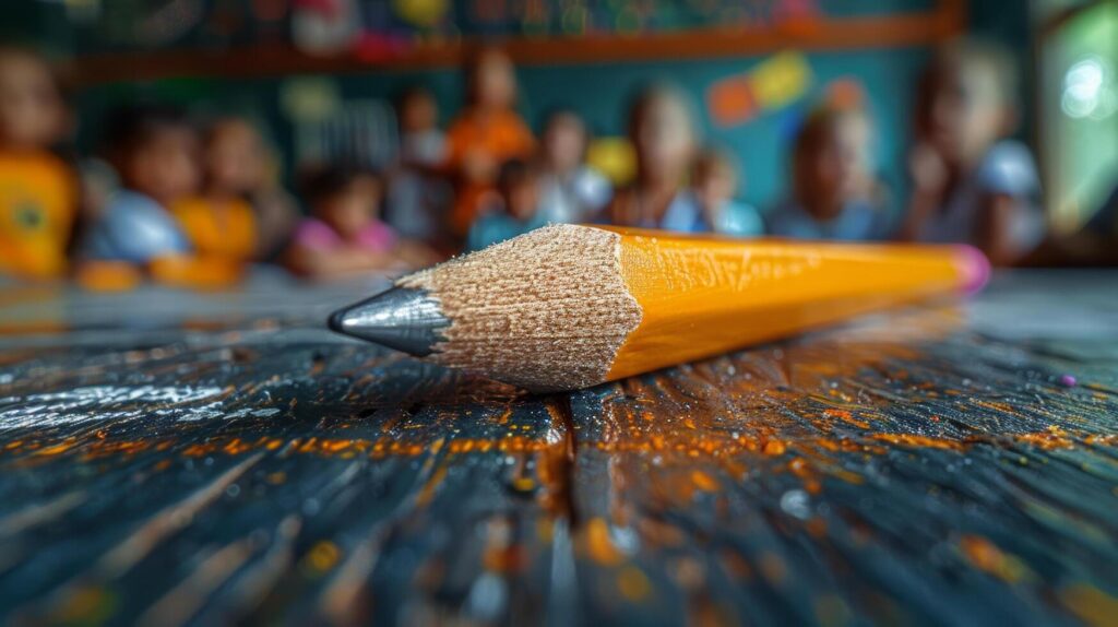 A Close-Up View of a Sharpened Pencil on a Scratched Desk With Children in the Background Stock Free