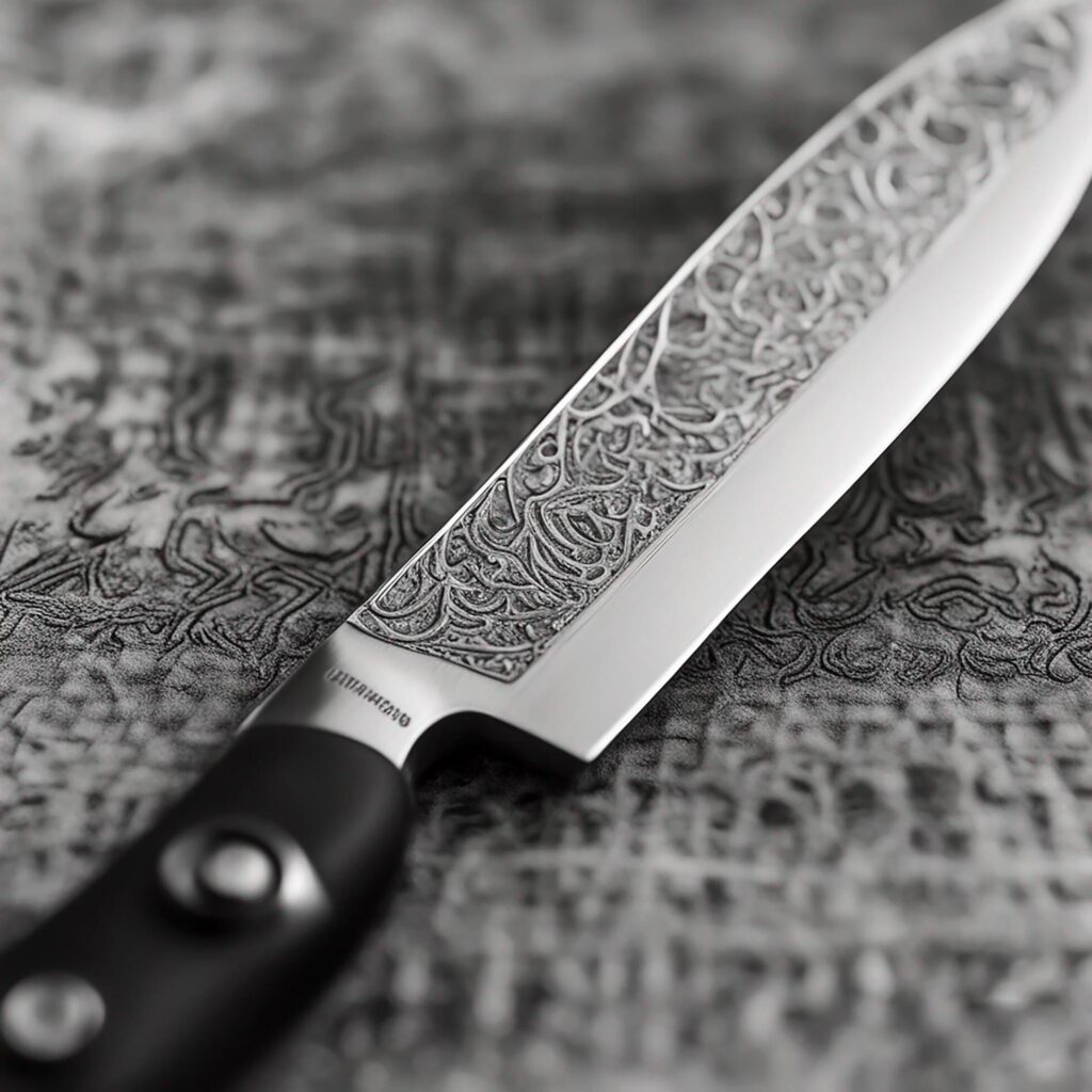 A close-up photograph of a chef’s knife, highlighting its sharp edge and intricate blade patterns, captured with macro photography, showcasing the artistry of culinary tools-AI Generated. Free Photo