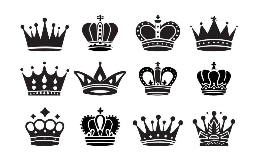 A collection of black crowns silhouette on a white background.Crown icons set., Crown symbol collection with illustration Stock Free