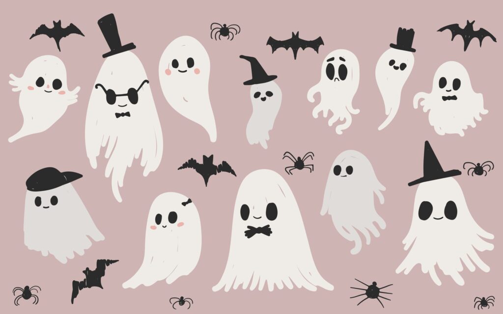 A collection of cute, hand drawn ghosts for Halloween, vector cartoon illustration. For party invitations, prints, posters. The ghosts, drawn in a child friendly style. Not . Free Vector