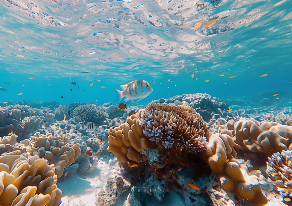 A colorful coral reef teeming with various fish species generated by AI. Free Photo