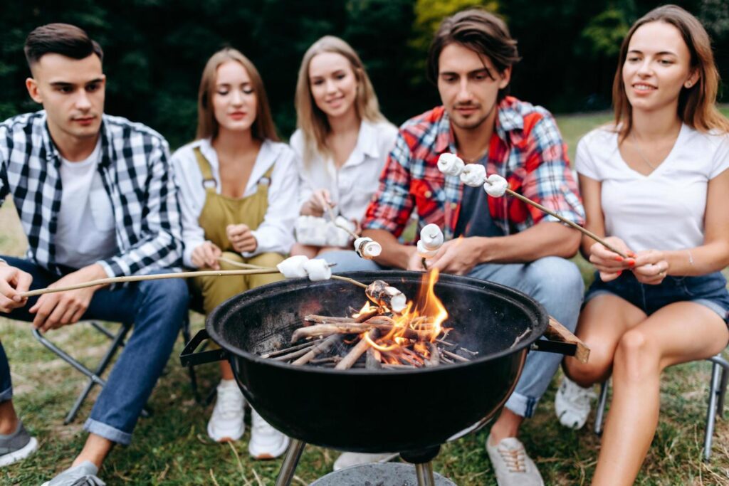 A company of friends in camp cooking grill food. Blurring background Stock Free