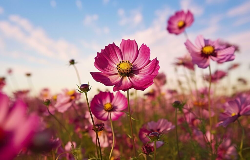 A cosmos flower face to sunrise in field. Generative AI Free Photo