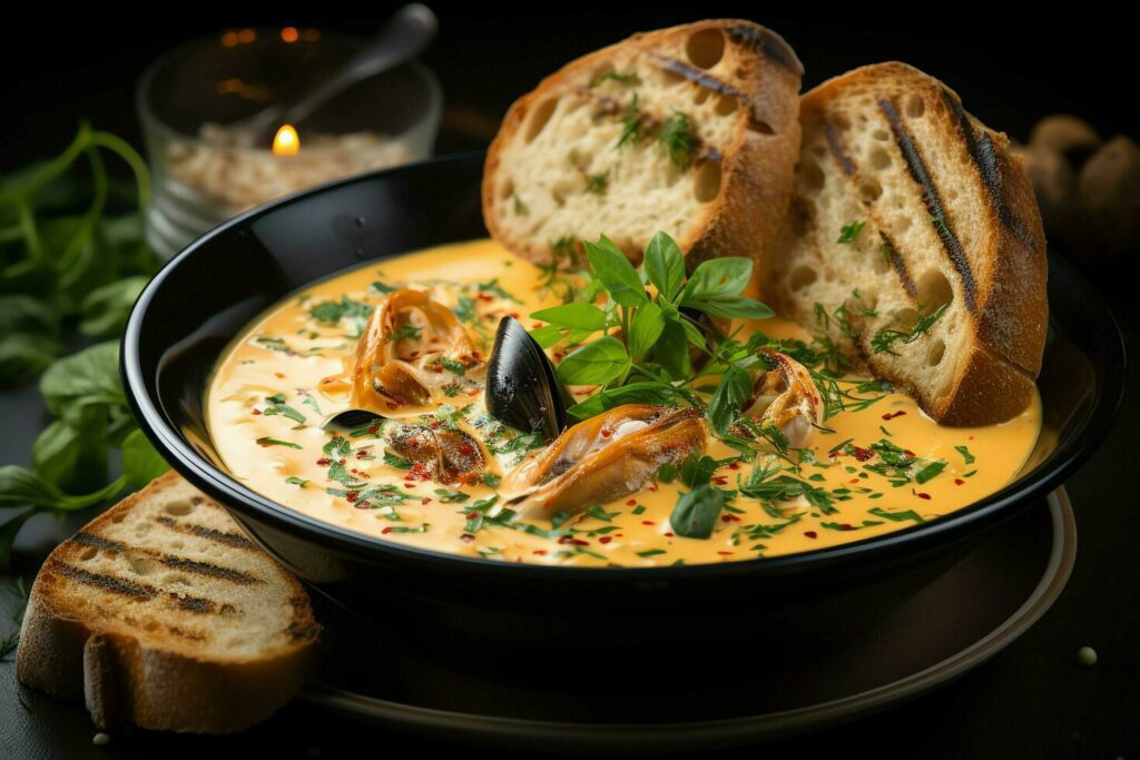 A delicious bouillabaisse soup food in a bowl. Marseille food and healthy protein soup meal concept by AI Generated Stock Free