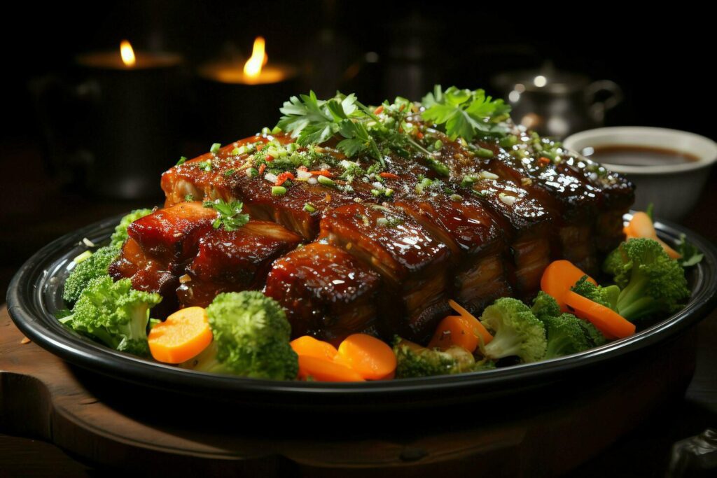 A delicious crispy pork belly fancy on plate. Restaurant food and asian cuisine concept by AI Generated Stock Free