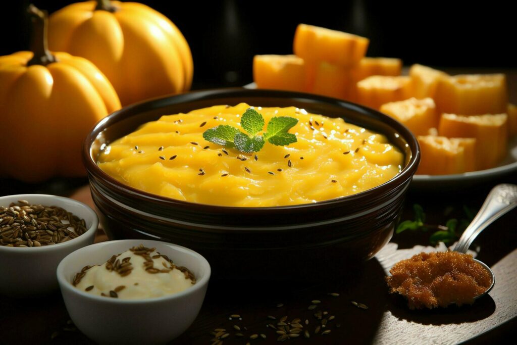 A delicious pumpkin soup food cream in a bowl. Winter food and high healthy soup meal concept by AI Generated Stock Free