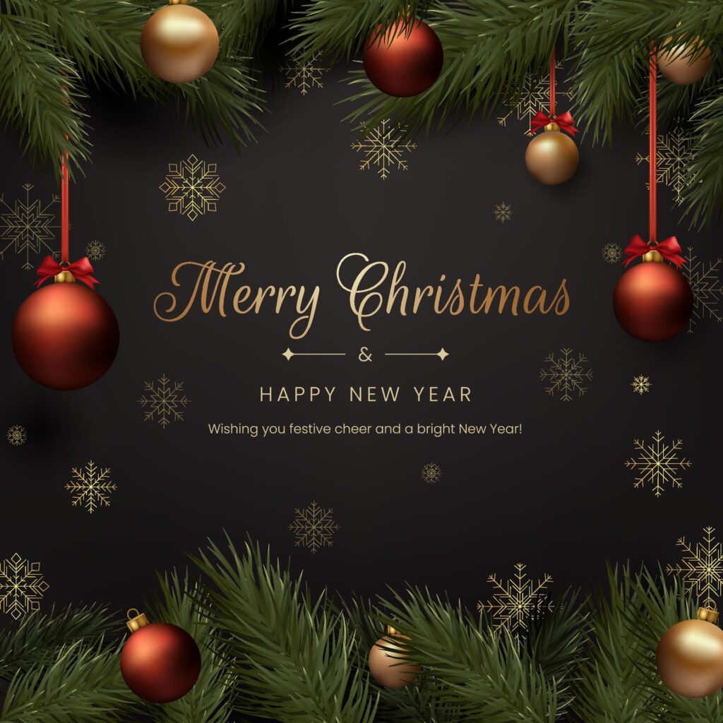 A festive Christmas greeting card design with golden balls, snowflakes, and a decorative tree. Celebrate the holiday season with this elegant and timeless vector illustration. Not . Free Vector