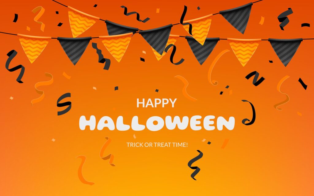 A festive Halloween themed vector banner featuring garland, flags, confetti. The vibrant design captures the essence of the holiday, with a touch of eerie charm. Not . Free Vector