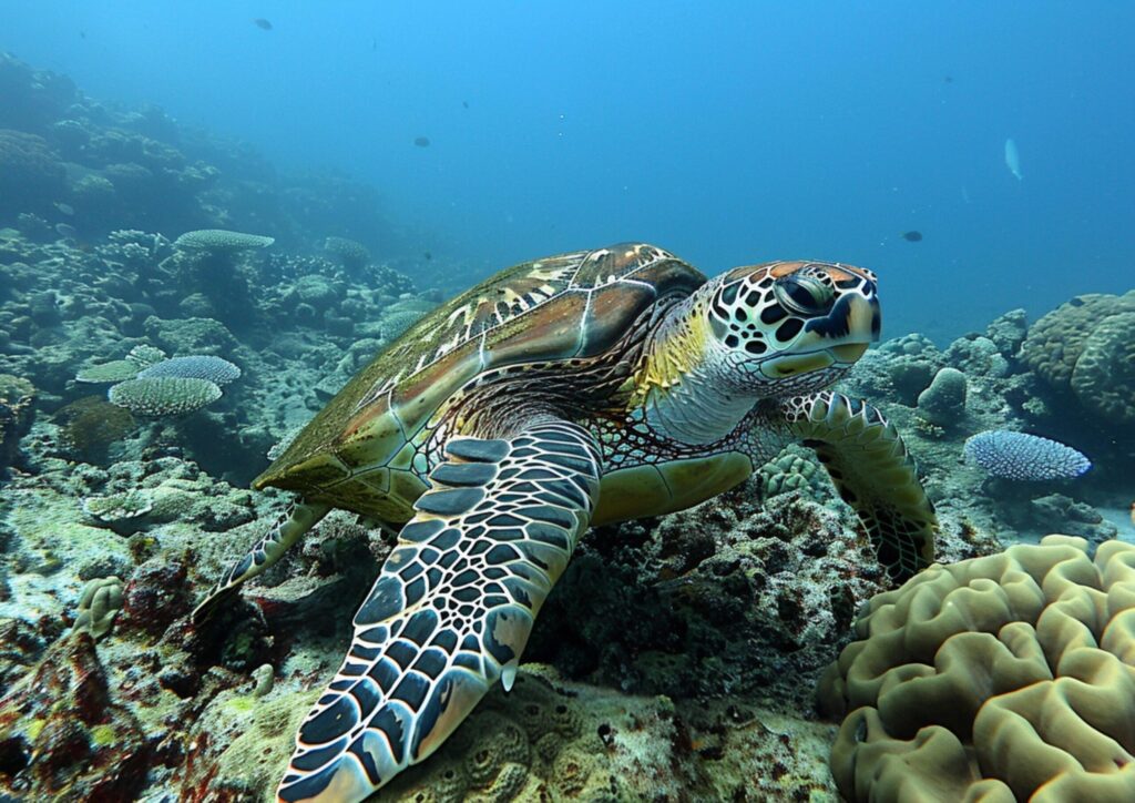 A green sea turtle with a hard shell swims in the deep sea with brightly colored coral reefs generated by AI. Free Photo