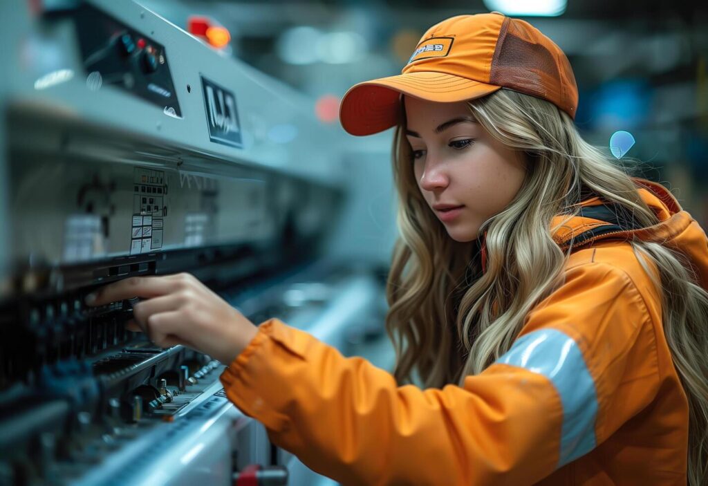 A hardworking female worker is busy at work inside a factory. . Stock Free