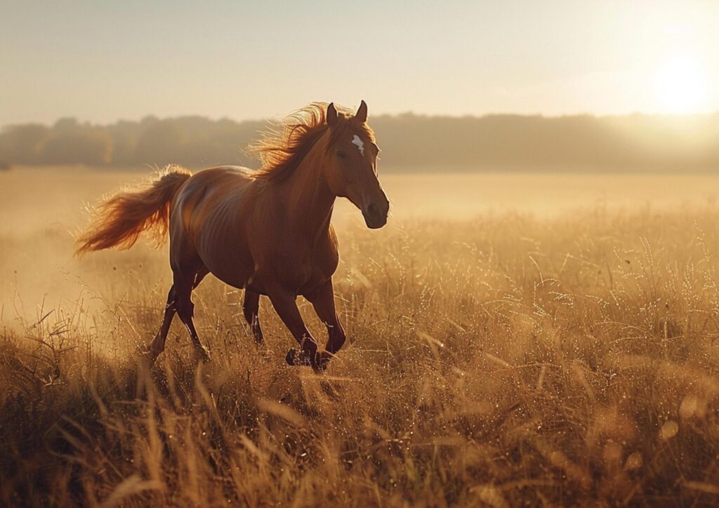 A horse galloping across a vast, sun-kissed field generated by AI. Free Photo