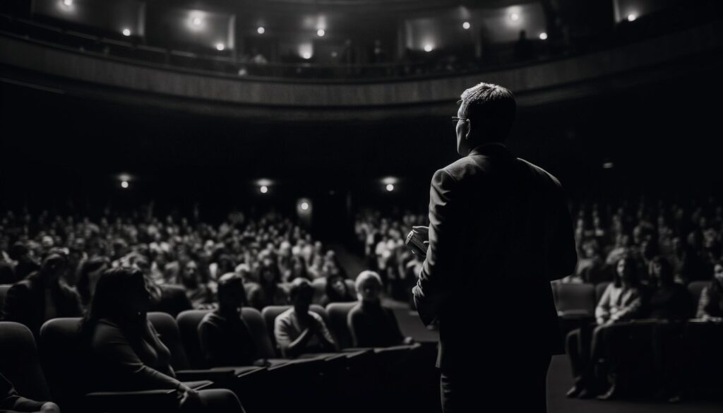 A large crowd sits in the auditorium, watching the performance generated by AI Free Photo