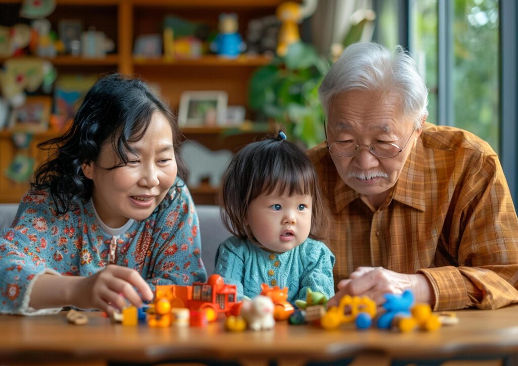 A little girl is playing with her grandparents in the living room generated by AI. Free Photo