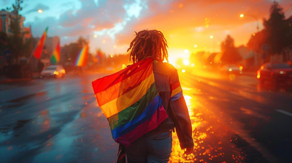 A man in sunlight with vibrant colors sparkling light glitter effect of rainbow flag on the street for celebrate pride month of LGBT community. AI-Generated Free Photo