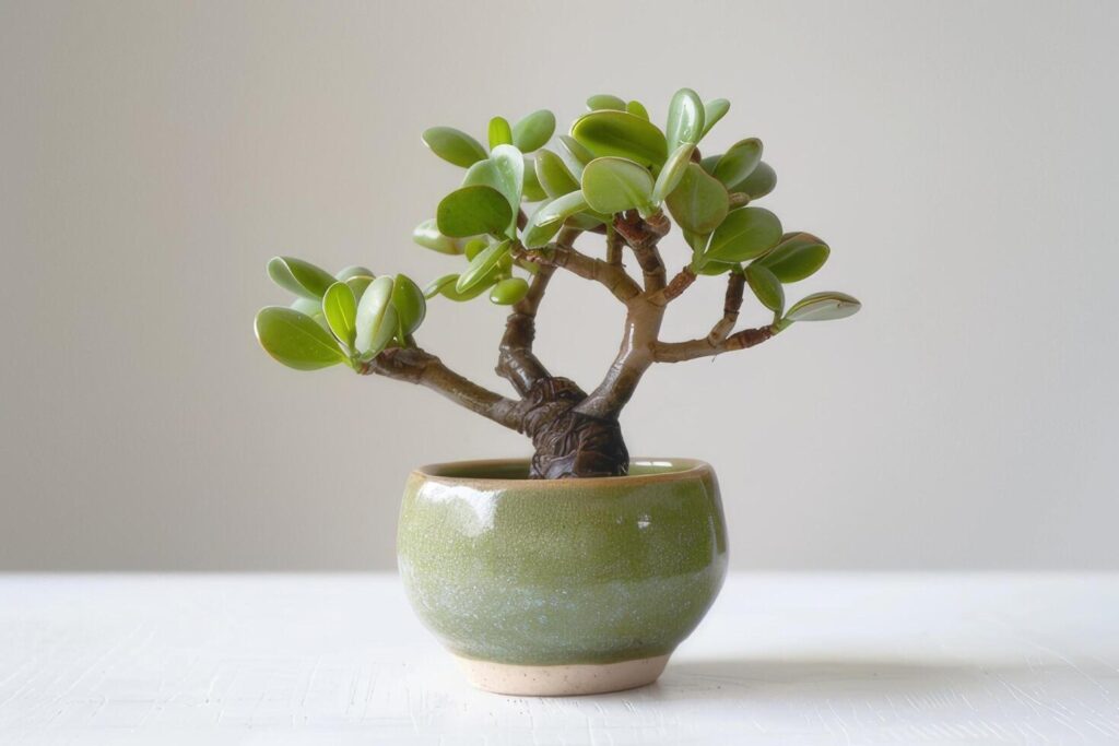 A miniature jade plant elegantly positioned in a ceramic pot on a white background. Stock Free