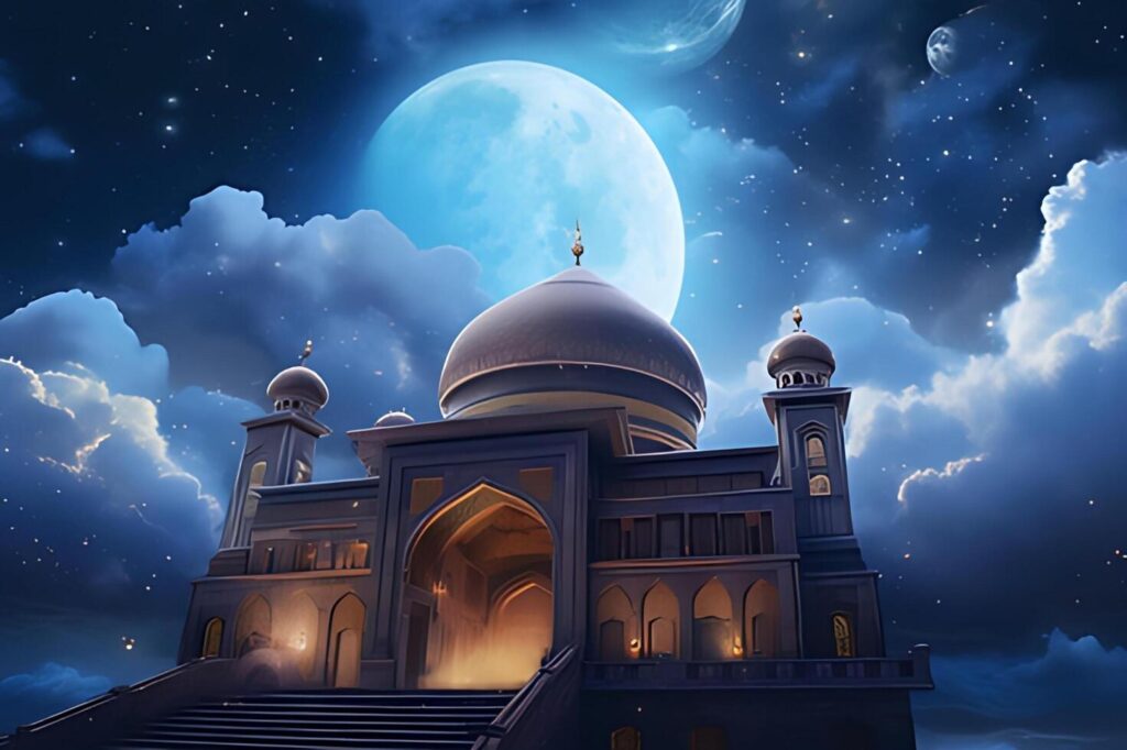 
									A mosque with a moon and stars in the background. Stock Free