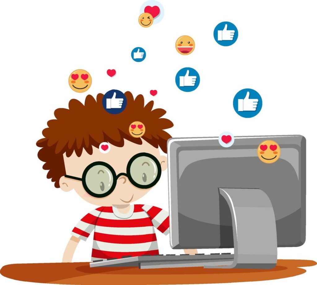 A nerdy boy using computer with social media icons Stock Free