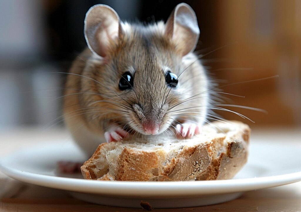 A rat is eating the bread in the plate generated by AI. Free Photo