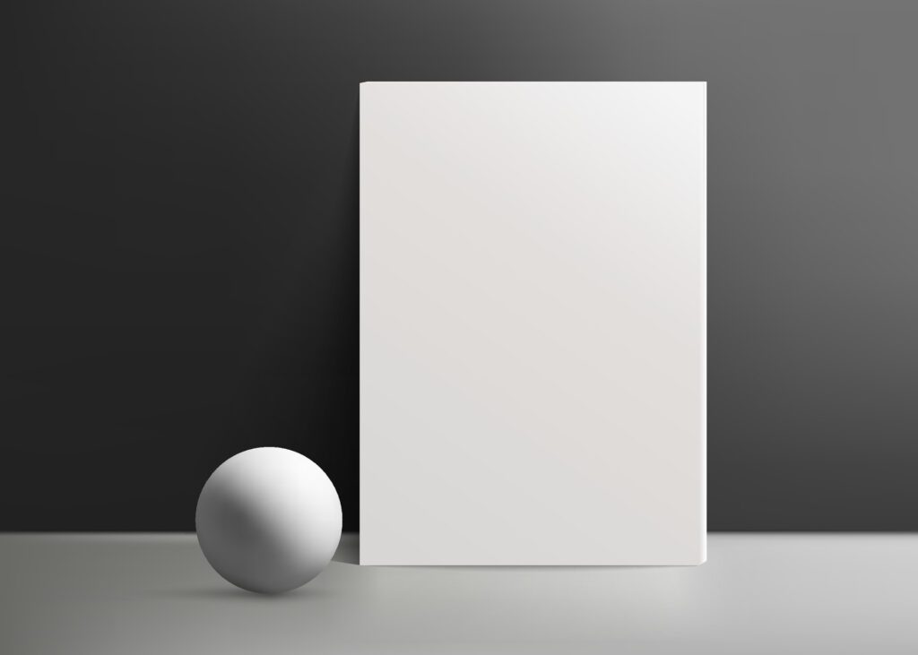 A realistic canvas mockup with blank space, by the wall on black background, with realistic white ball perfect for posters, art projects, paintings, presentations, marketing materials. Not AI. Free Vector