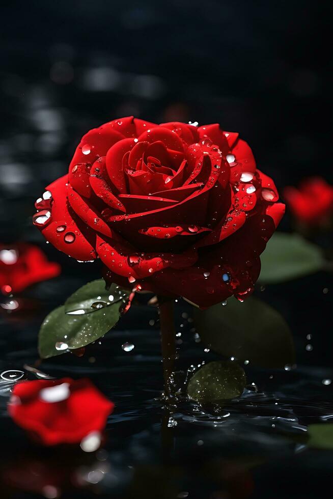 A Red Rose Flower With Water Drop In Dark Theme Generative Ai Stock Free