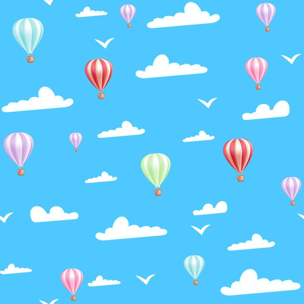 A seamless pattern featuring a cheerful sky, balloons, birds and clouds, perfect for a playful and colorful design. Ideal for children decor and more. Not . Free Vector