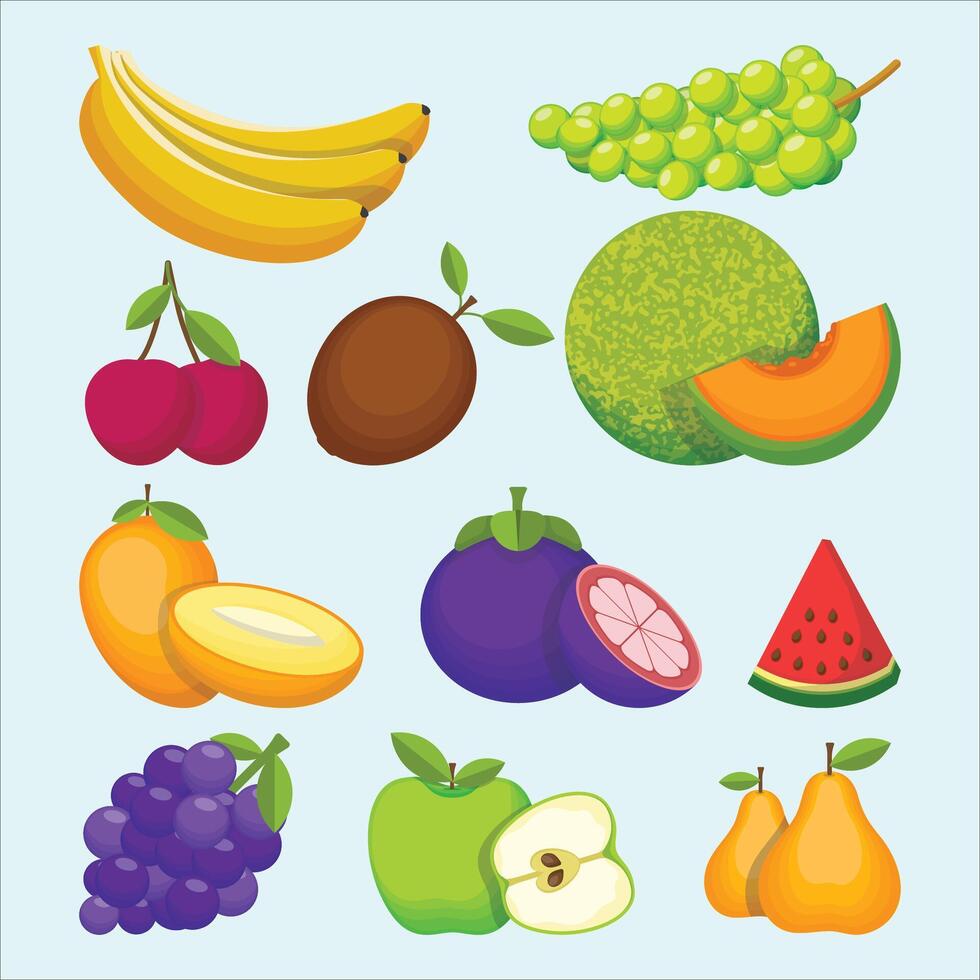 a set of fruit icons, including bananas, apples, watermelon, and more Stock Free