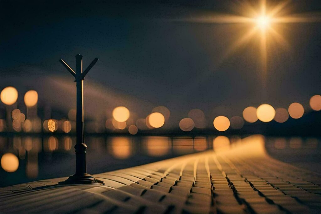 a street lamp is on the dock at night. AI-Generated Stock Free