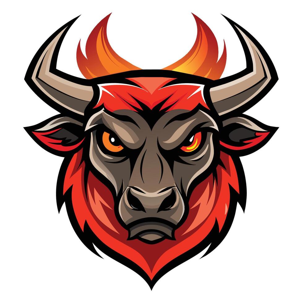 A stylized representation of a bulls head with vibrant red and orange hair, Bull head logo. Abstract stylized cow or bull head with horns icon Stock Free