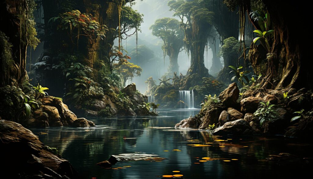 A tranquil scene of a dark forest with flowing water generated by AI Free Photo