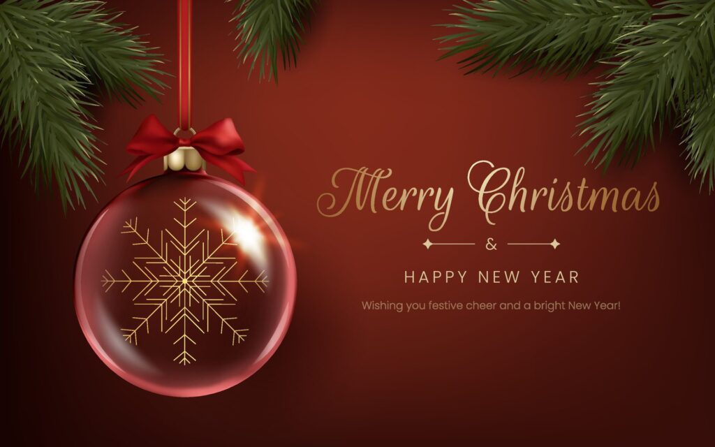 A transparent Christmas ball with a snowflake inside, luxurious gold illustration. Merry Christmas and Happy New Year red banner with pine green branches. Not . Free Vector