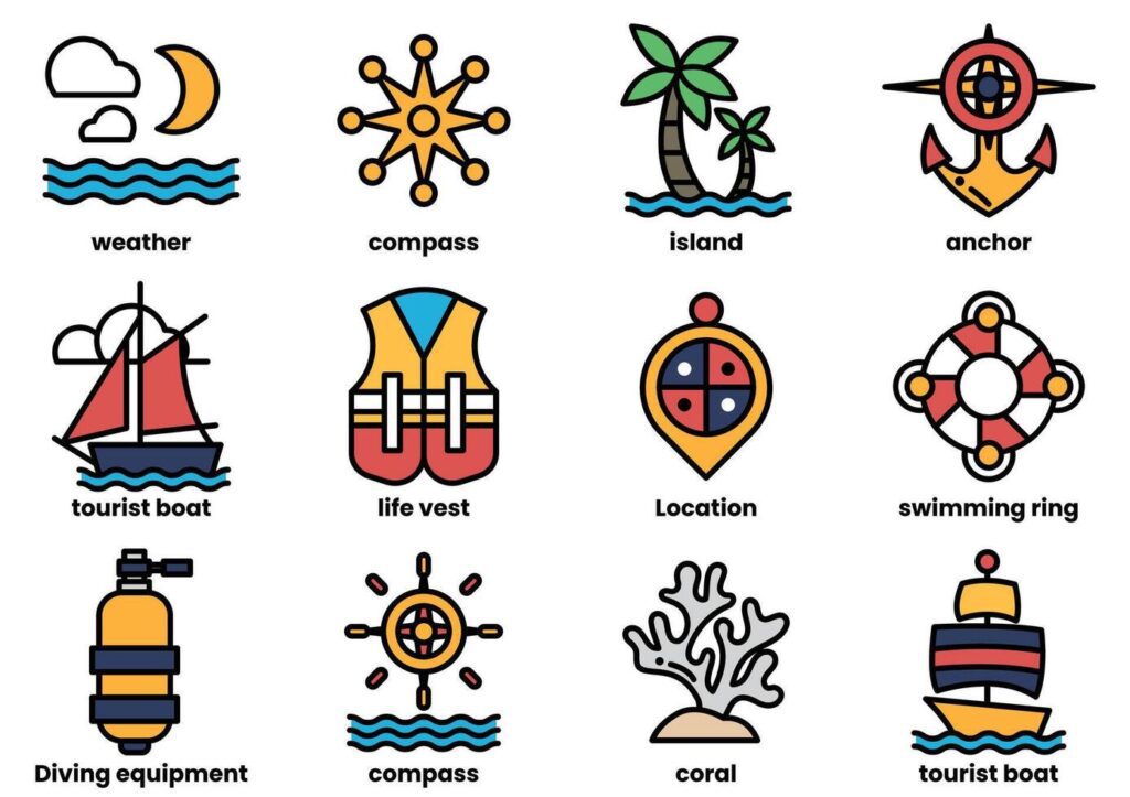 A variety of water-related icons, including a life vest, a compass, a boat Stock Free