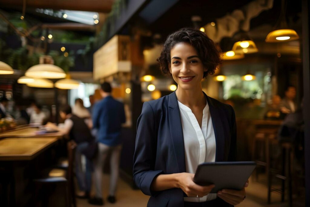 a woman in a business suit holding .ai generativea tablet Stock Free