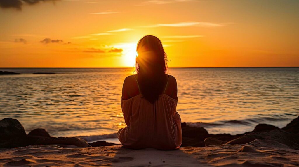 A woman sits on the beach gazing at the romantic sea sunset Stock Free