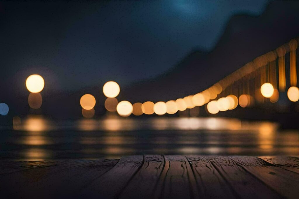 
									a wooden boardwalk with lights on it at night. AI-Generated Stock Free