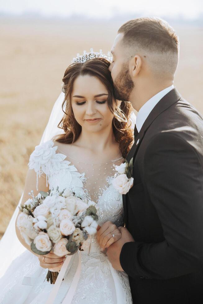 A young bride and groom tenderly embrace in the rays of the autumn sun. Tender and beautiful young girl bride. A man kisses his beloved. Against the background of a beautiful garden Stock Free